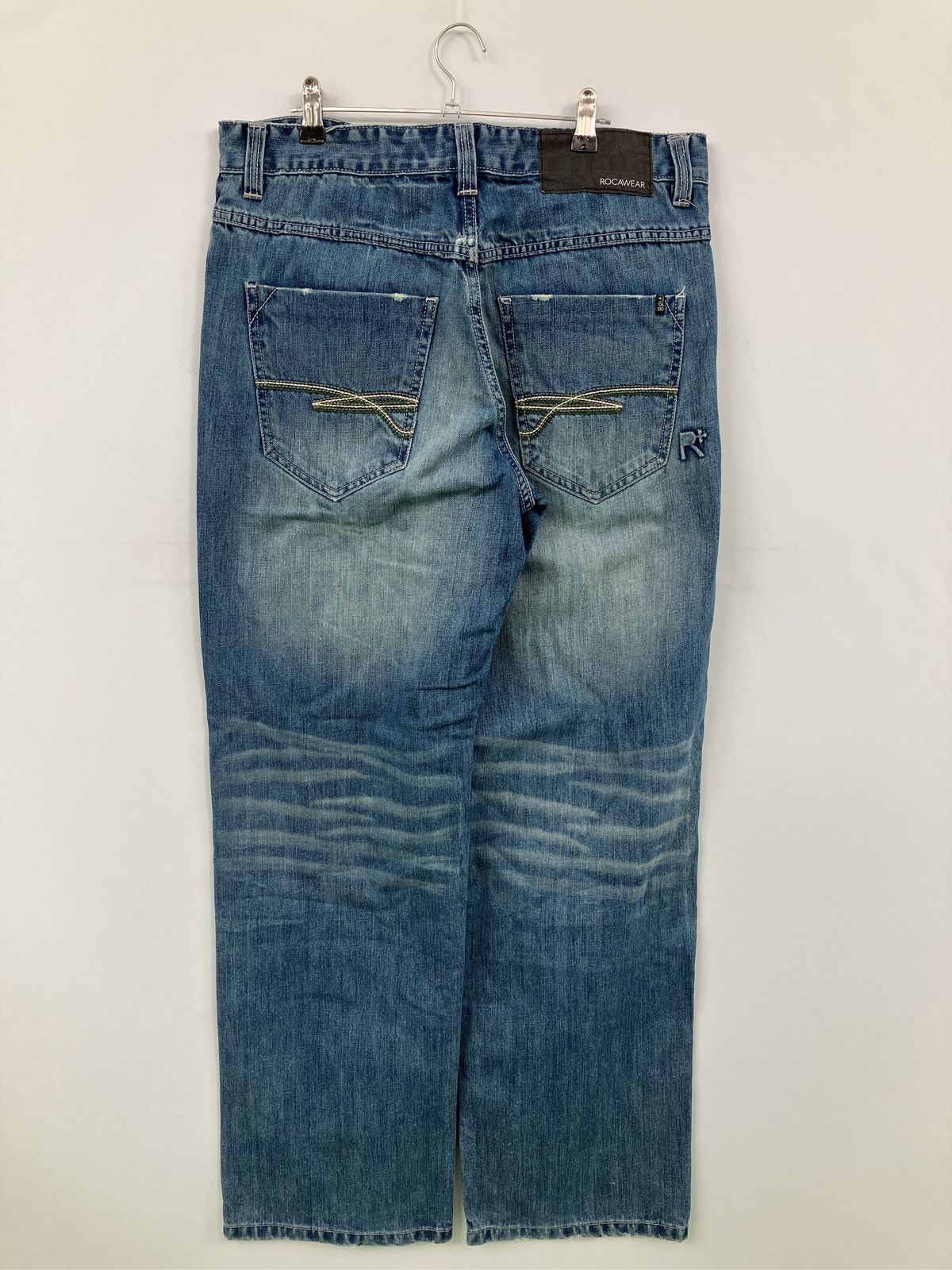 ROCA wear ロカウェア デニムパンツ ブルー フルレングス 無地 スタンダード ワンポイント 刺繍 ストレート レギュラー ヴィンテージ メンズ