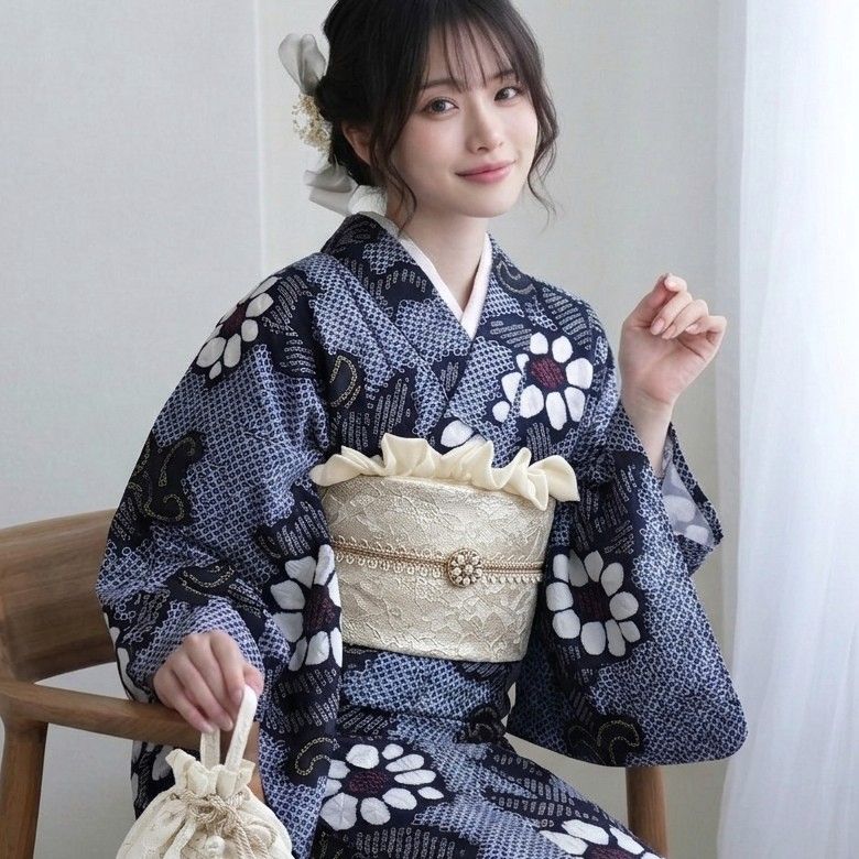 有松鳴海絞り】高級浴衣 総手絞り 絞り浴衣 単衣 バチ衿 綿 藍色 紺色