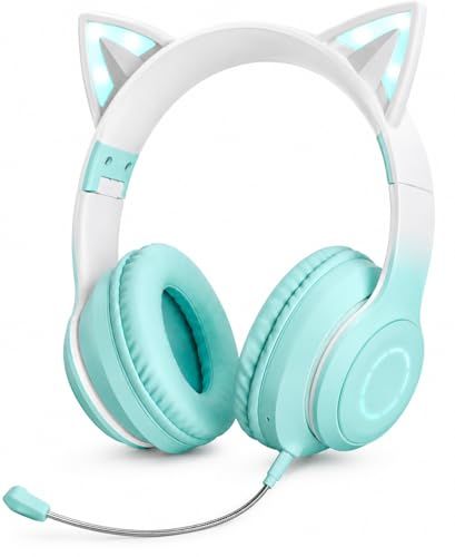 猫耳ヘッドホン Bluetooth ワイヤレス 有線 両用 ゲーミング ヘッドセット LEDライト 折りたたみ式 着脱式マイク グリーンｍａ