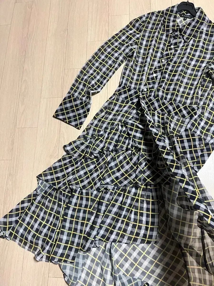 EGOIST エゴイスト シフォン chiffon チェック CHECK シャツ型 longロング丈ワンピース ONE PIECE フリル ティアード シースルー sheer 러플
