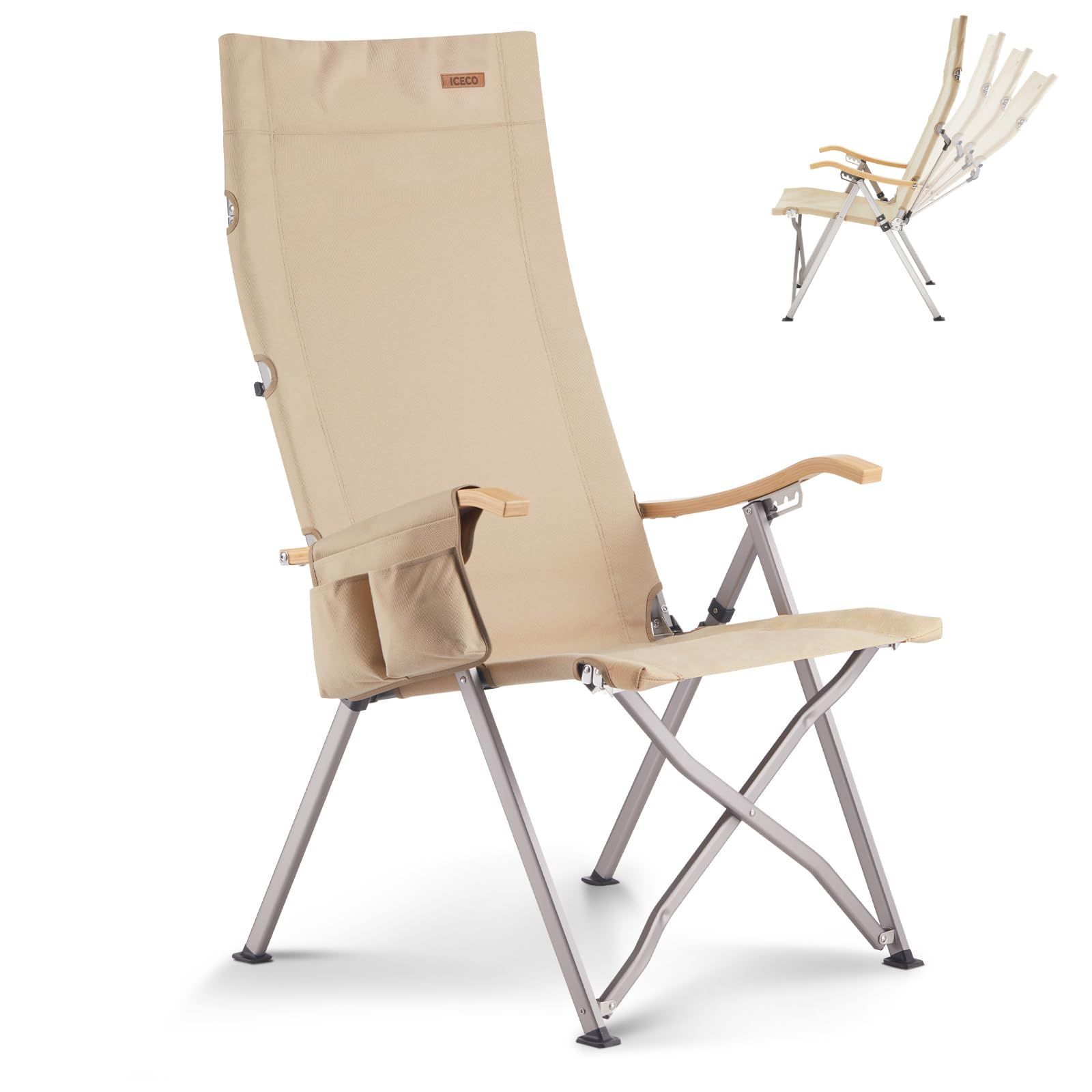 ICECO 4段階リクライニング式 ハイバックチェア 10年品質保証・耐荷重265KG・1600D座面・A7075アルミ合金フレーム・ハイ/ローバック切替可能 キャンプ 折りたたみ ガーデン 室内用（ベージュ）Ju e9181149
