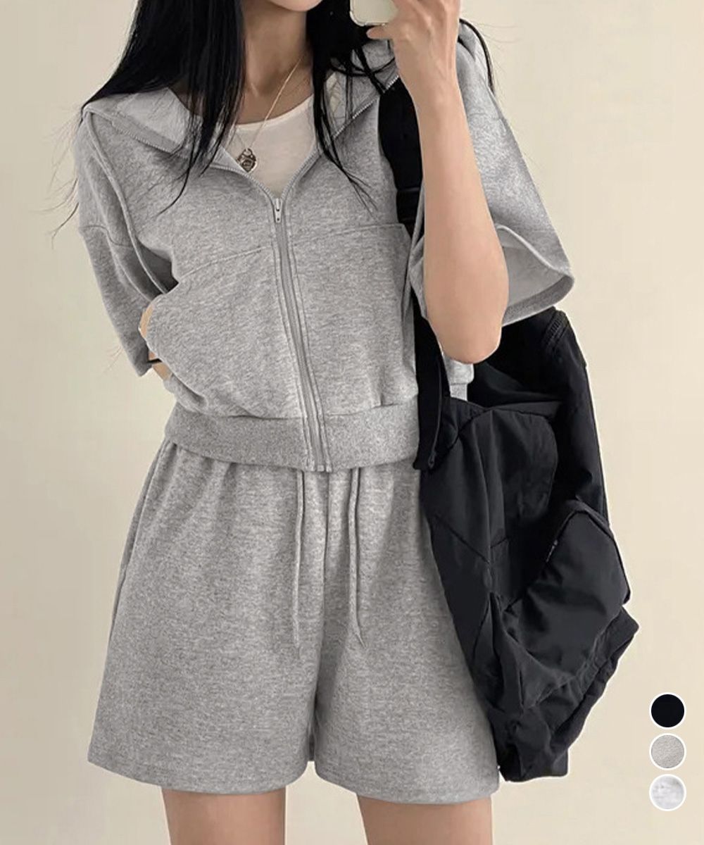 [即納] スウェットセットアップレディース半袖夏服 ジップアップパーカー クロップド丈トップス夏 ハイウエストショートパンツ 上下セット ウエストゴム美脚ショーパン 韓国風 1102