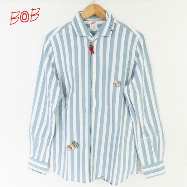 60%OFF 新品 ボブ BOB シャツ M HSH48 Mサイズ ブルー メンズ コットン×ポリウレタン ストレッチ ワイドカラー ストライプ 長袖 イタリア製 春夏秋 074733212