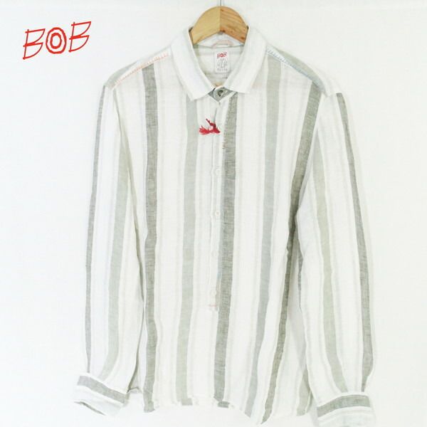 60%OFF 新品 ボブ BOB 被りシャツ M HSH51 Mサイズ グリーン×グレー メンズ 麻100% リネン レギュラーカラー ストライプ 長袖 イタリア製 春夏 074733214