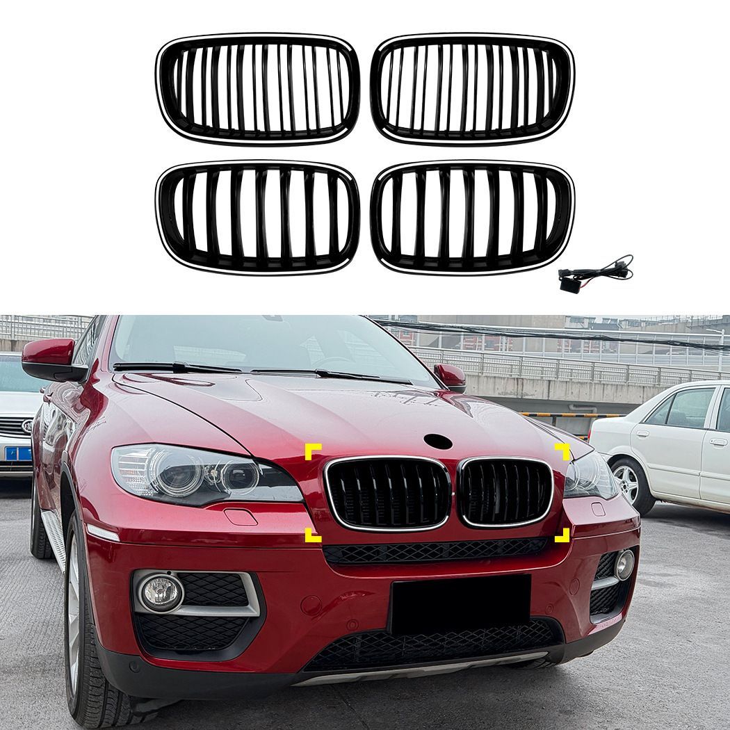 BMW X5 E70 X6 E71 2006-2013年 フロントバンパー フロントグリル LED発光 ブラック シングルライン/ダブルライン ABS樹脂 外装ドレスアップ アクセント