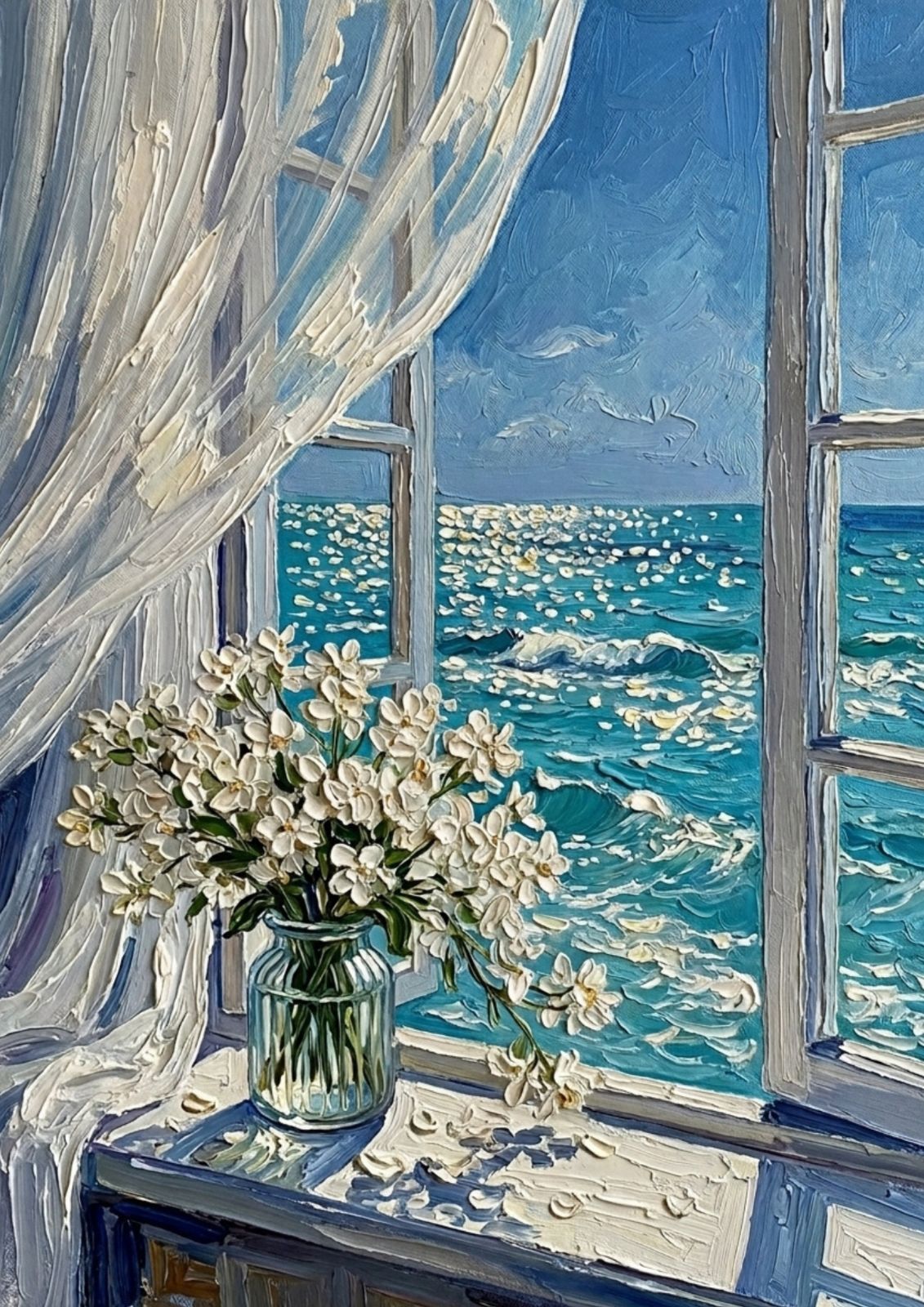 A4サイズ 4658 水彩画風 青い海を望む窓辺と白い花瓶の癒しアート