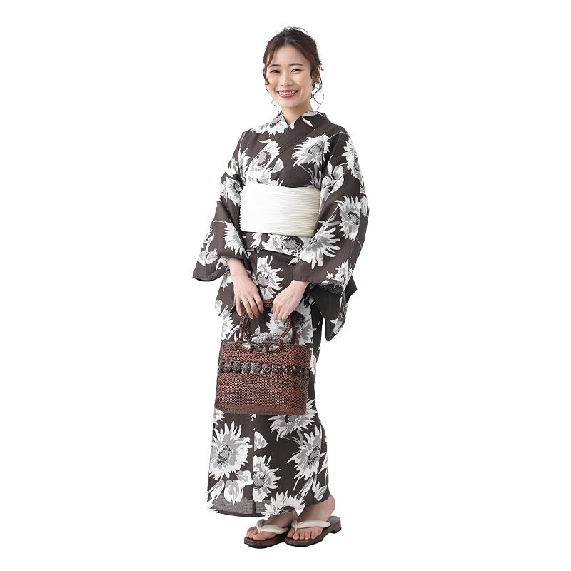 【新品】 [たゆたふ / TAYU-TAFU] セパレート浴衣 帯 2点 セット レディース 簡単 着付け 二部式 浴衣 ゆかた 綿 兵児帯 へこ帯 かわいい おしゃれ 夏用着物 Mサイズ A チャコールブラウン系ひまわり柄