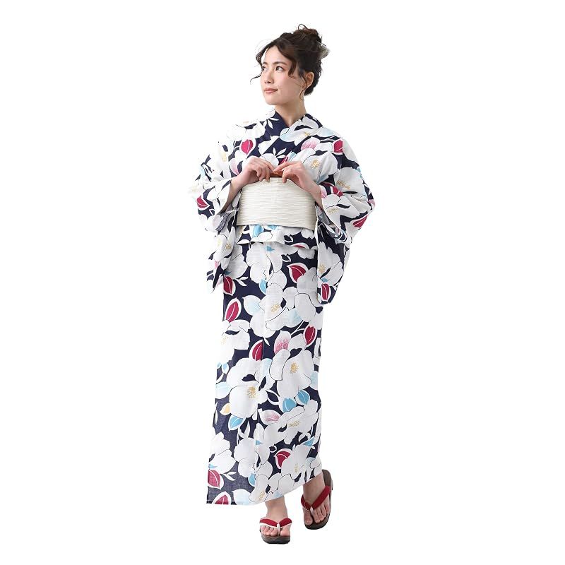 【新品】 [たゆたふ / TAYU-TAFU] セパレート浴衣 帯 2点 セット レディース 簡単 着付け 二部式 浴衣 ゆかた 綿 兵児帯 へこ帯 かわいい おしゃれ 夏用着物 Mサイズ A 紺地白椿