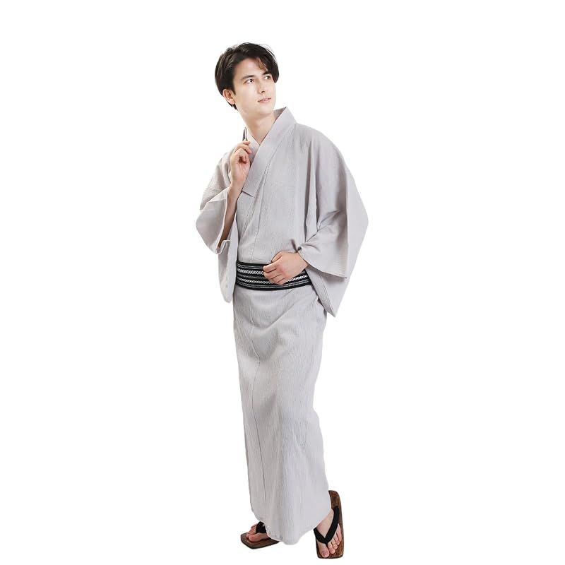 【新品】 [Fuuka] [風香] 浴衣 メンズ セット 4点 角帯 下駄 腰紐 楊柳 綿 紳士 LLサイズ グレー (献上帯/B43黒)Z3803LLB43