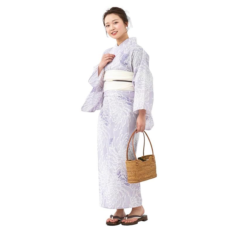 【新品】 [たゆたふ] 二部式浴衣 3点 セット 帯 下駄 花柄 簡単 二部式 セパレート (A 糸菊柄 パープル, M)