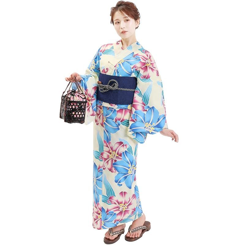 【新品】 風香 浴衣 レディース 作り帯 ワンタッチ 2点 セット フリーサイズ 百合 ブルー (ワンタッチ作り帯/日本製/ネイビー) X330107