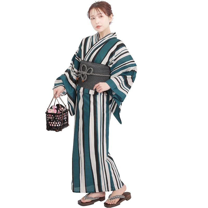 【新品】 [Fuuka] 風香 浴衣 兵児帯 2点 セット レディース フリーサイズ 縞 青緑 (兵児帯/日本製/ブラック) X5002B256