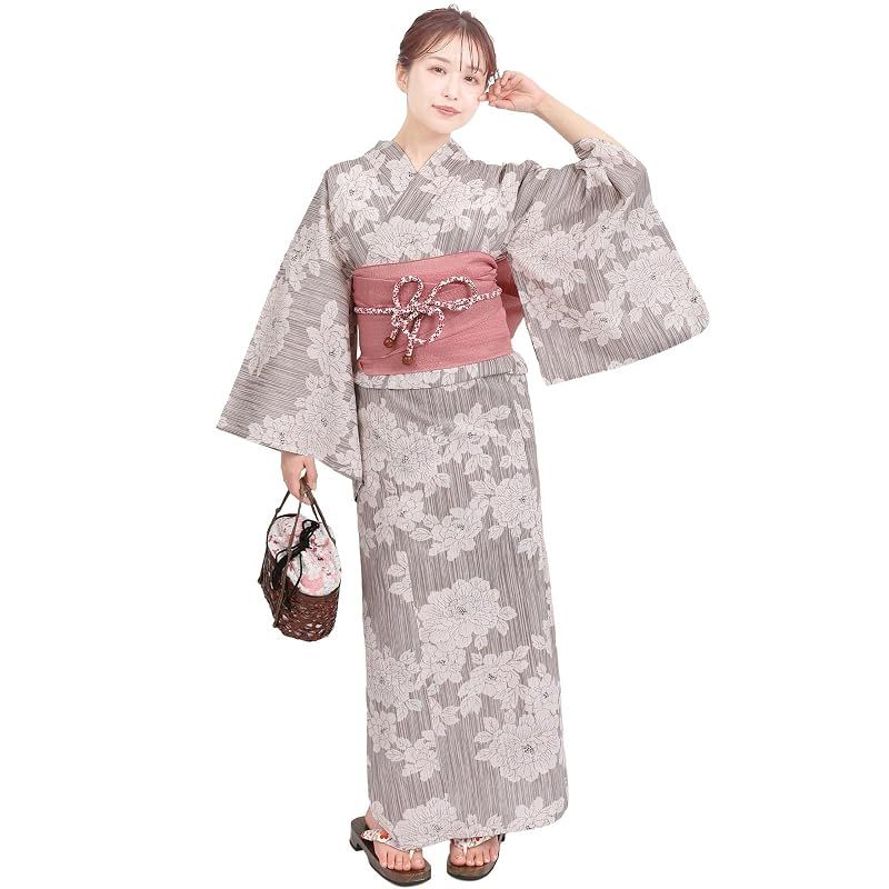 【新品】 [Fuuka] 浴衣 2点 セット レディース フリーサイズ 牡丹 グレージュ (兵児帯/日本製/コーラル) X1421B232