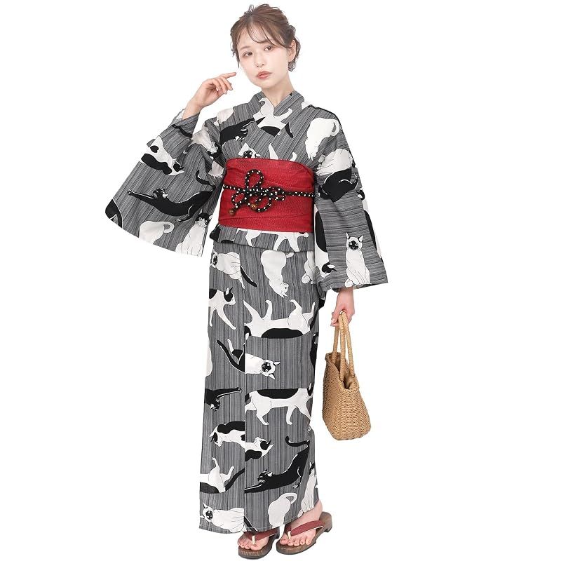 【新品】 [Fuuka] 風香 二部式 浴衣 単品 レディース セパレート フリーサイズ 猫 モノトーン X50H03