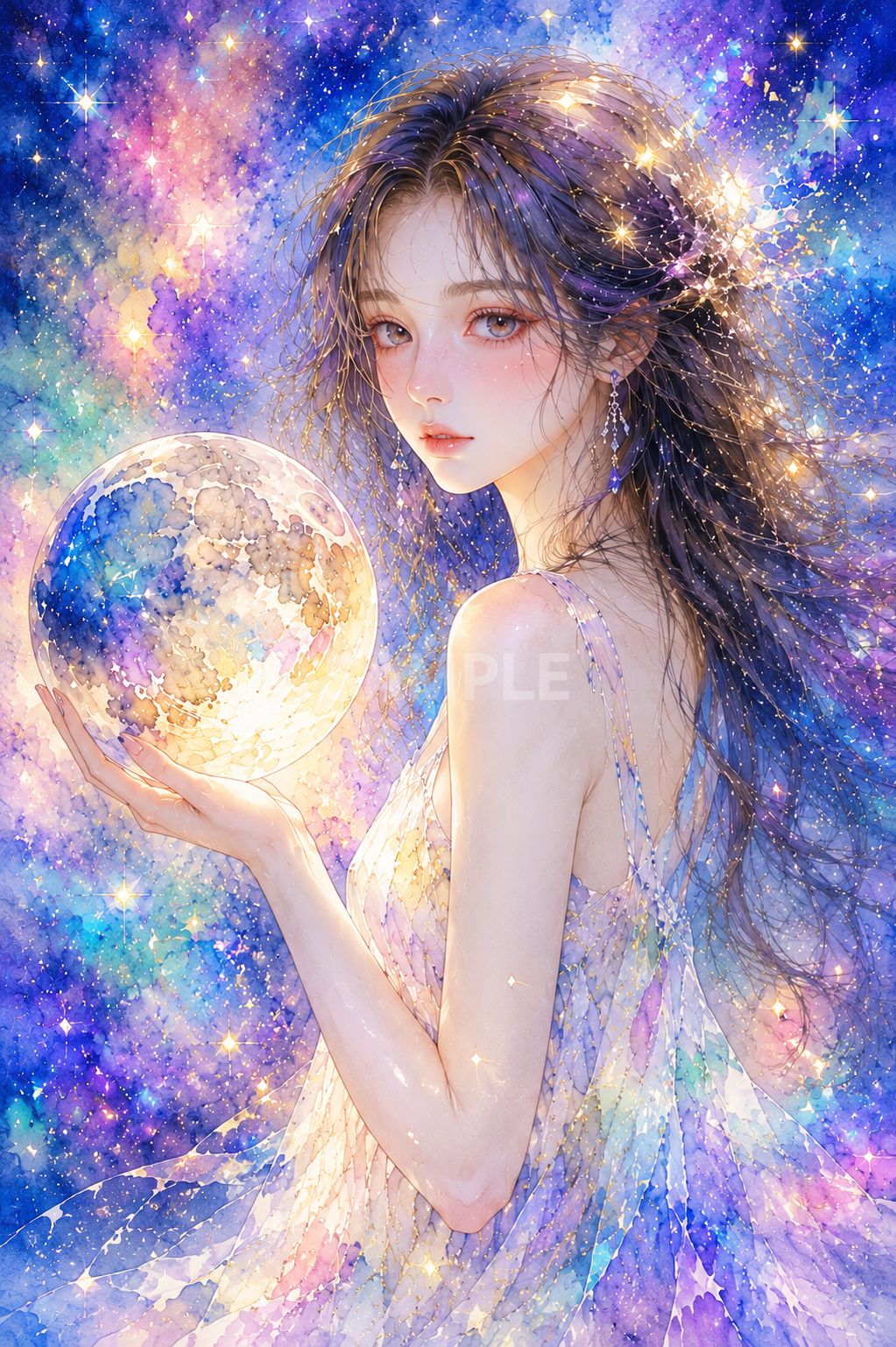 幻想の月を抱く乙女｜水彩アート 2Lサイズ インテリア ポスター