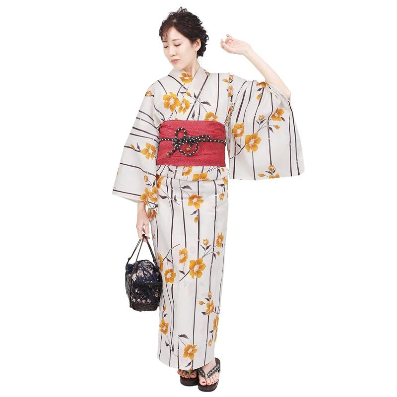 【新品】 [Fuuka] 風香 浴衣 2Lサイズ レディース 兵児帯 2点セット 大きいサイズ 椿 ベージュ (兵児帯/日本製/レッド) X4001A-2LB115