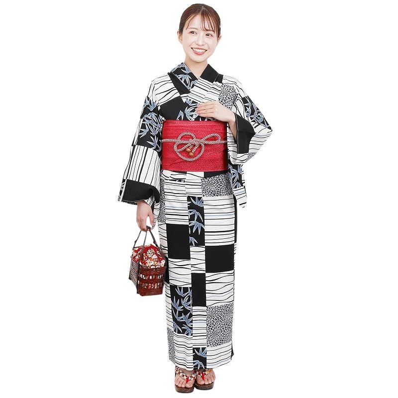 【新品】 [Fuuka] 風香 浴衣 2点 セット レディース フリーサイズ 丸菊市松 白黒 (兵児帯/日本製/レッド) X4009AB115