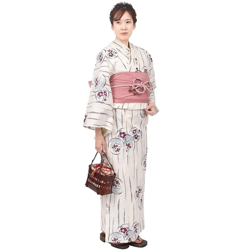【新品】 [Fuuka] 風香 浴衣 2点 セット レディース フリーサイズ 椿あやめ ピンク紫 (兵児帯/日本製/コーラル)X4002AB232
