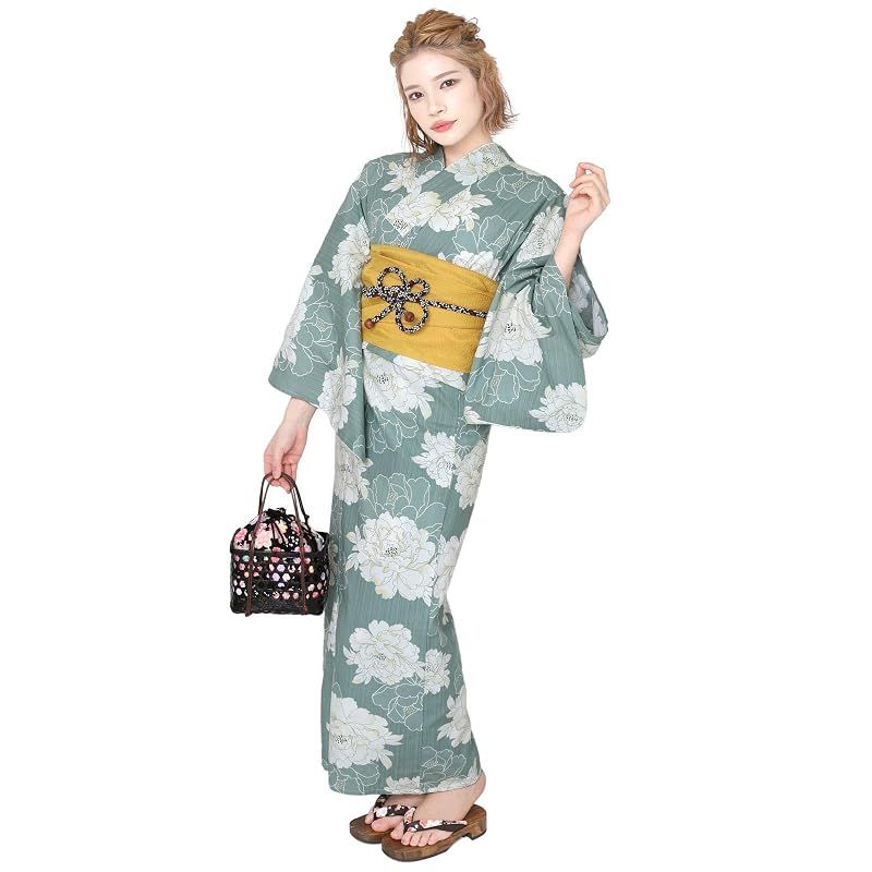【新品】 [Fuuka] 浴衣 3Lサイズ レディース 兵児帯 2点セット 大きいサイズ 牡丹 ブルーグリーン (兵児帯/日本製/山吹色) 03-3LB152