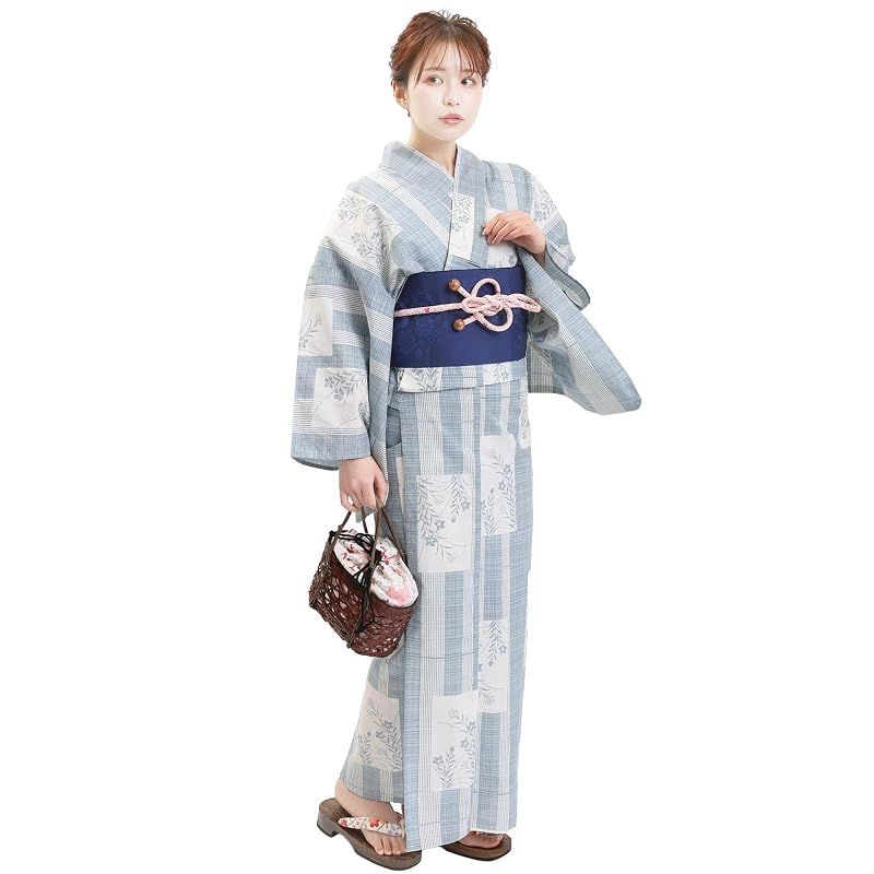 【新品】 [Fuuka] 風香 浴衣 レディース 作り帯 ワンタッチ 2点 セット フリーサイズ 花かるた 水色 (ワンタッチ作り帯/日本製/ネイビー) X231007