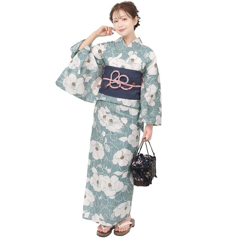 【新品】 [Fuuka] 風香 浴衣 レディース 二部式 兵児帯 2点セット セパレート フリーサイズ 椿 スモーキーブルー (兵児帯/日本製/ネイビー)X50H07B233