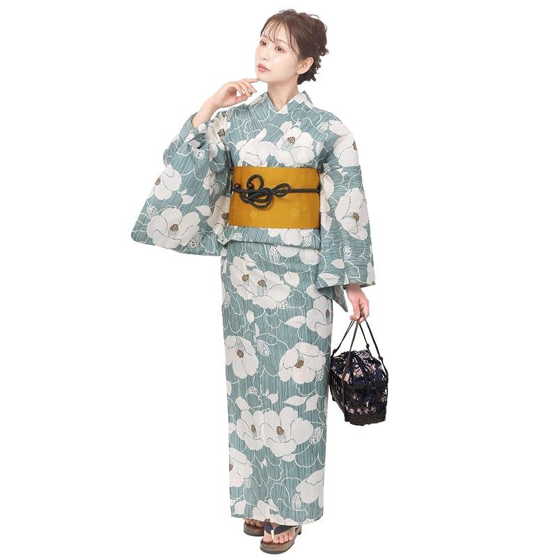 【新品】 [Fuuka] 風香 浴衣 レディース 二部式 セパレート ワンタッチ 作り帯 2点 セット フリーサイズ 椿 スモーキーブルー (作り帯/日本製/からし)X50H0711