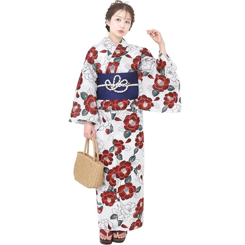 【新品】 風香 浴衣 レディース 二部式 セパレート ワンタッチ 作り帯 2点 セット フリーサイズ 椿 臙脂 (作り帯/日本製/ネイビー)X50H0807