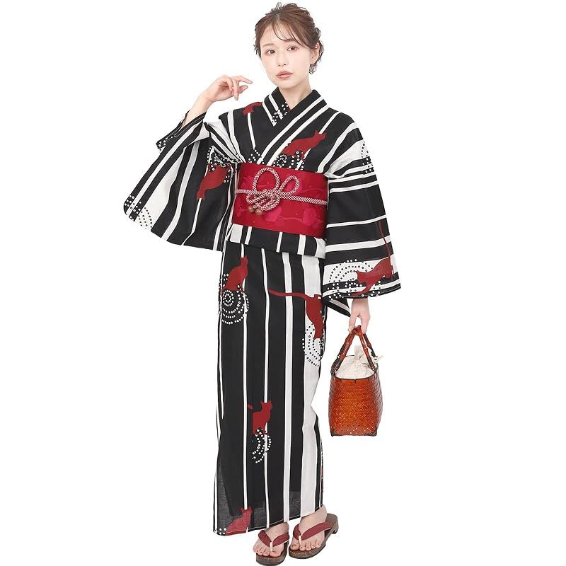 【新品】 [Fuuka] 風香 浴衣 レディース 二部式 セパレート ワンタッチ 作り帯 2点 セット フリーサイズ 猫 白黒 (作り帯/日本製/茜色)X50H0909