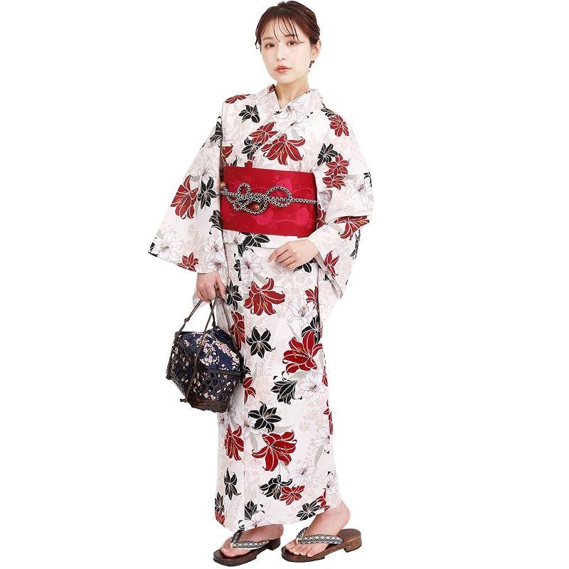 【新品】 [Fuuka] 風香 浴衣 レディース 二部式 セパレート ワンタッチ 作り帯 2点 セット フリーサイズ 百合 赤黒 (作り帯/日本製/レッド) X14H2609