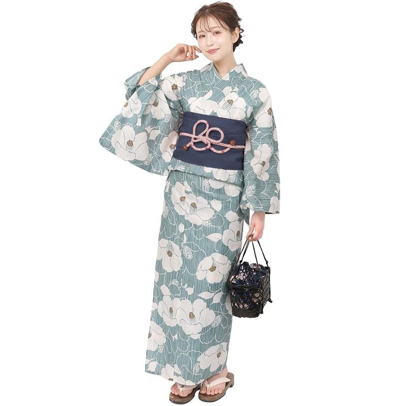 【新品】 [Fuuka] 風香 浴衣 兵児帯 2点 セット レディース フリーサイズ 椿 スモーキーブルー (兵児帯/日本製/ネイビー) X5007B233