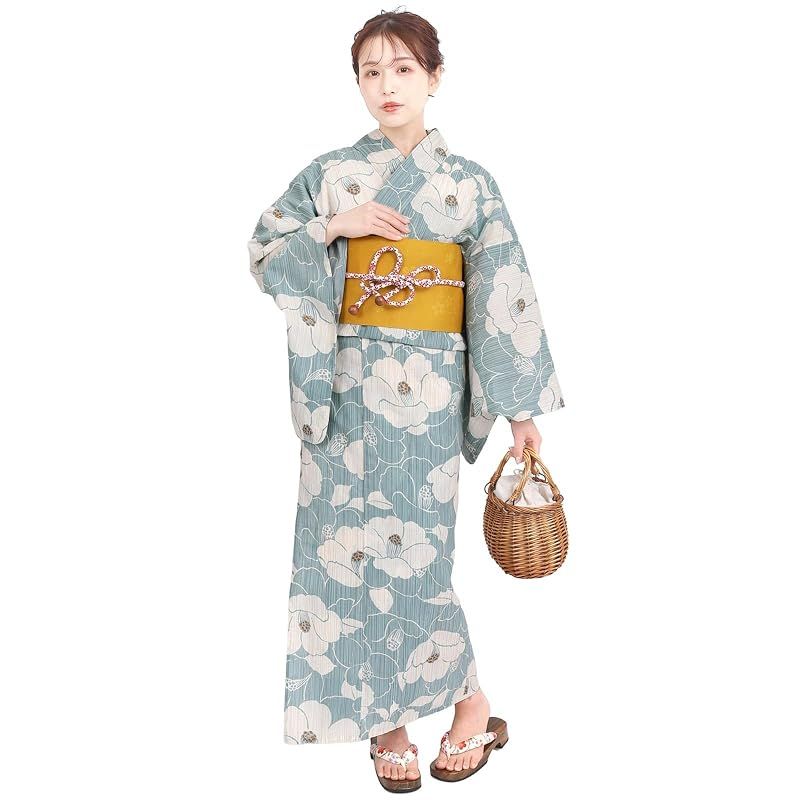 【新品】 風香 浴衣 レディース 作り帯 ワンタッチ 2点 セット フリーサイズ 椿 スモーキーブルー (ワンタッチ作り帯/日本製/からし) X500711