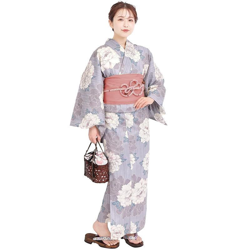 【新品】 [Fuuka] 浴衣 2点 セット レディース フリーサイズ 牡丹 青 紫 (兵児帯/日本製/コーラル)X2316B232