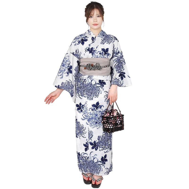 【新品】 [Fuuka] 浴衣 2点 セット レディース フリーサイズ 乱菊 青 クリーム (兵児帯/日本製/サンドベージュ) X1417B233