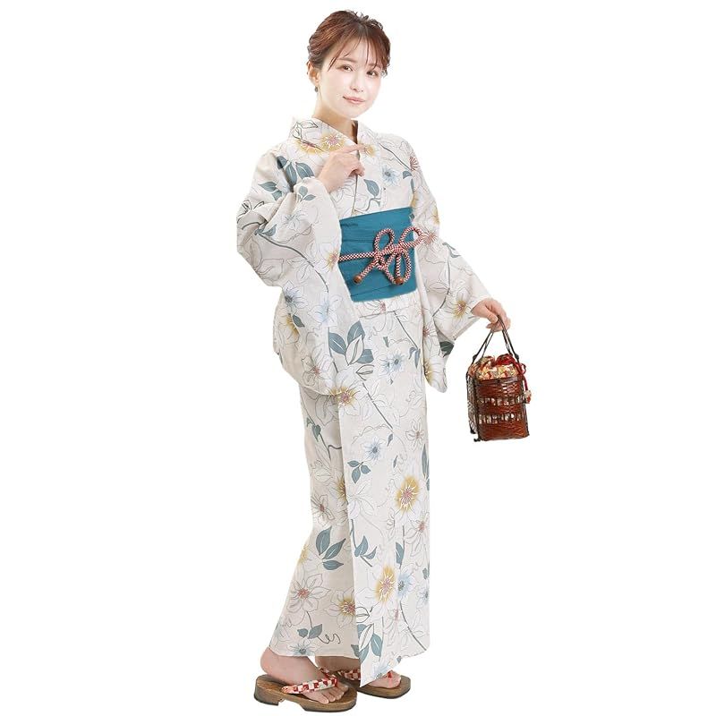 【新品】 [Fuuka] 浴衣 レディース セット 2点 大人 フリーサイズ クレマチス テッセン (ベージュ 白) x 兵児帯 (日本製/ターコイズ)