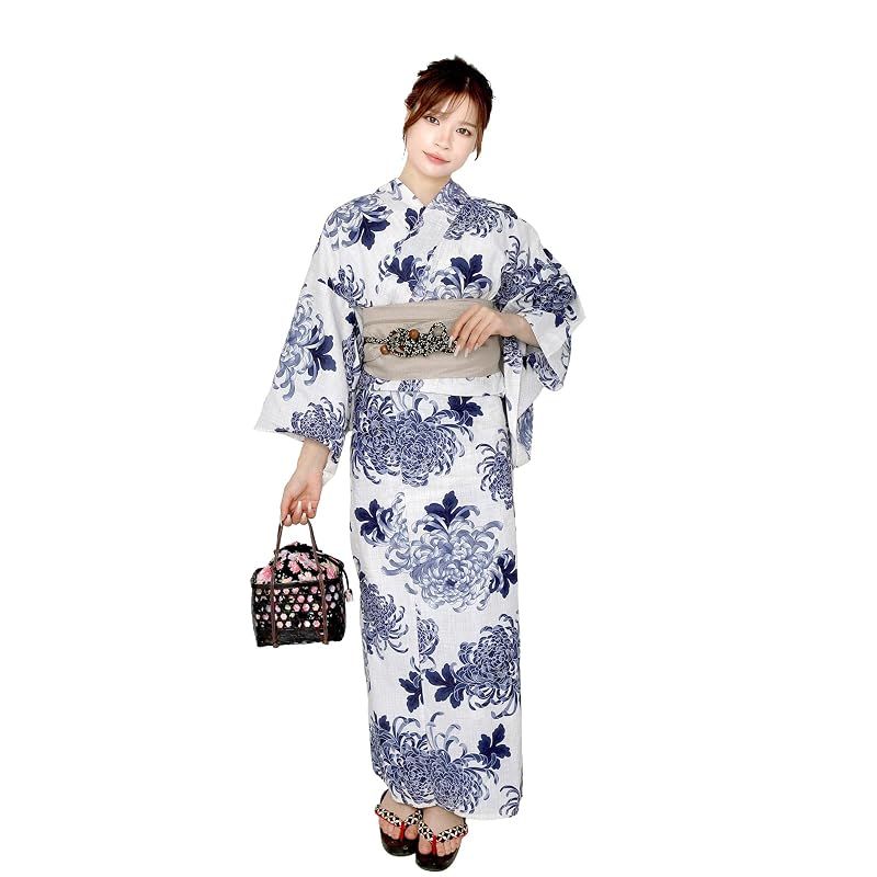 【新品】 [Fuuka] 浴衣 レディース セット 2点 セパレート 二部式 大人 フリーサイズ 乱菊 (青 白) x 兵児帯 (日本製/サンドベージュ)