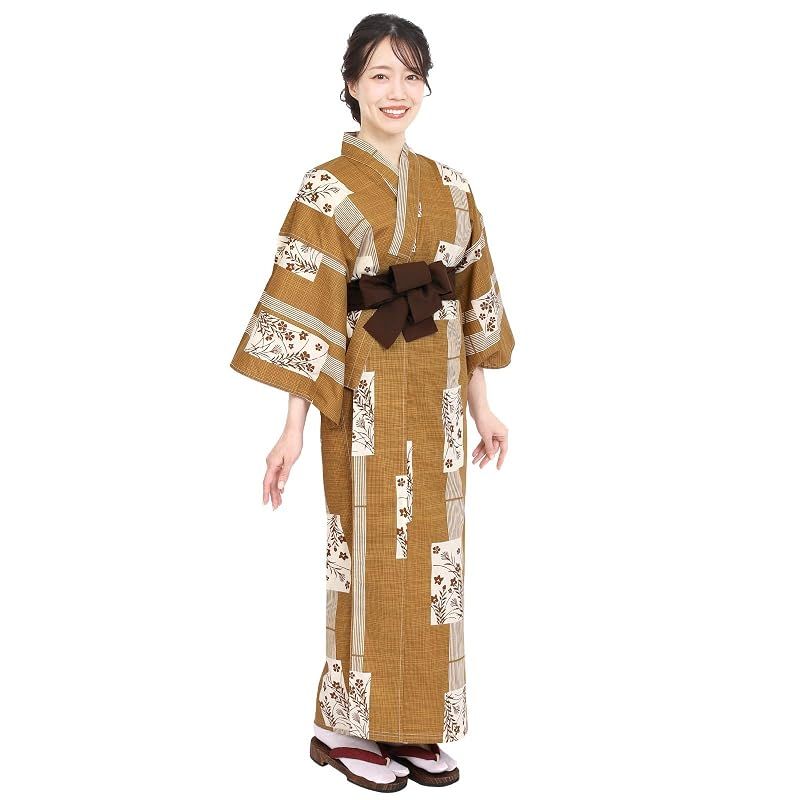 【新品】 [Fuuka] 旅館浴衣 帯 2点セット リネン浴衣 レディース 大きいサイズ 業務用 寝巻き 温泉浴衣 おしゃれ 色みやび 帯付き （風雅カルタ/茶）Lサイズ