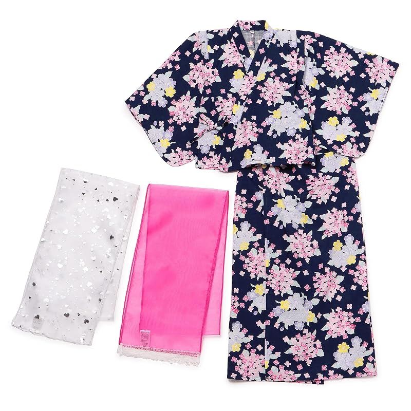 【新品】 浴衣 子供 女の子 セパレート ワンピース キッズ 簡単着付け 帯セット 和柄 レトロ 綿100% コットン 夏祭り 夕涼み会 花火 盆踊り お盆休み お祝い プレゼント(160cm,紫陽花(01))