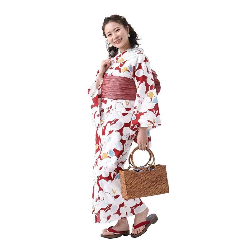 【新品】 [たゆたふ] 二部式浴衣 3点 セット 帯 下駄 花柄 簡単 二部式 セパレート 赤地白椿 L