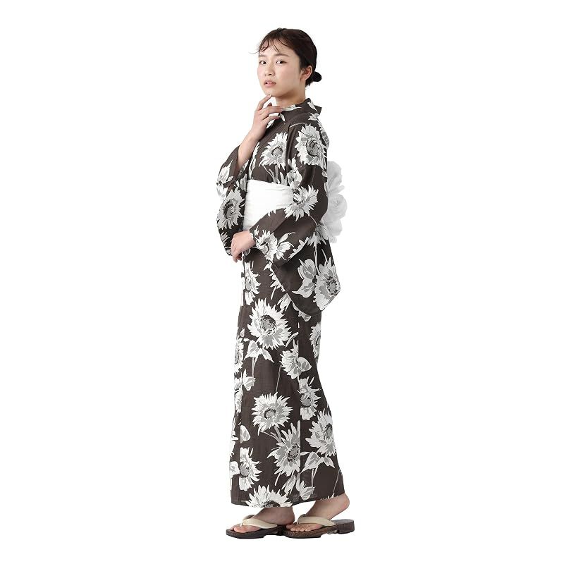 【新品】 [たゆたふ / TAYU-TAFU] セパレート浴衣 帯 2点 セット レディース 簡単 着付け 二部式 浴衣 ゆかた 綿 兵児帯 へこ帯 かわいい おしゃれ 夏用着物 Mサイズ B チャコールブラウン系ひまわり柄