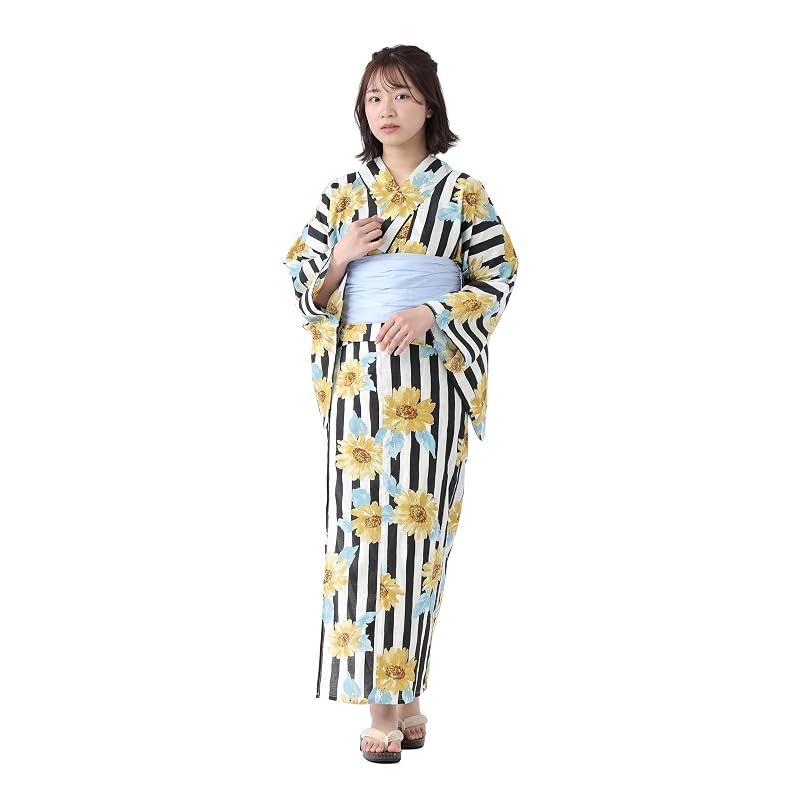 【新品】 [たゆたふ / TAYU-TAFU] セパレート浴衣 帯 2点 セット レディース 簡単 着付け 二部式 浴衣 ゆかた 綿 兵児帯 へこ帯 かわいい おしゃれ 夏用着物 Mサイズ B 縦縞ひまわり