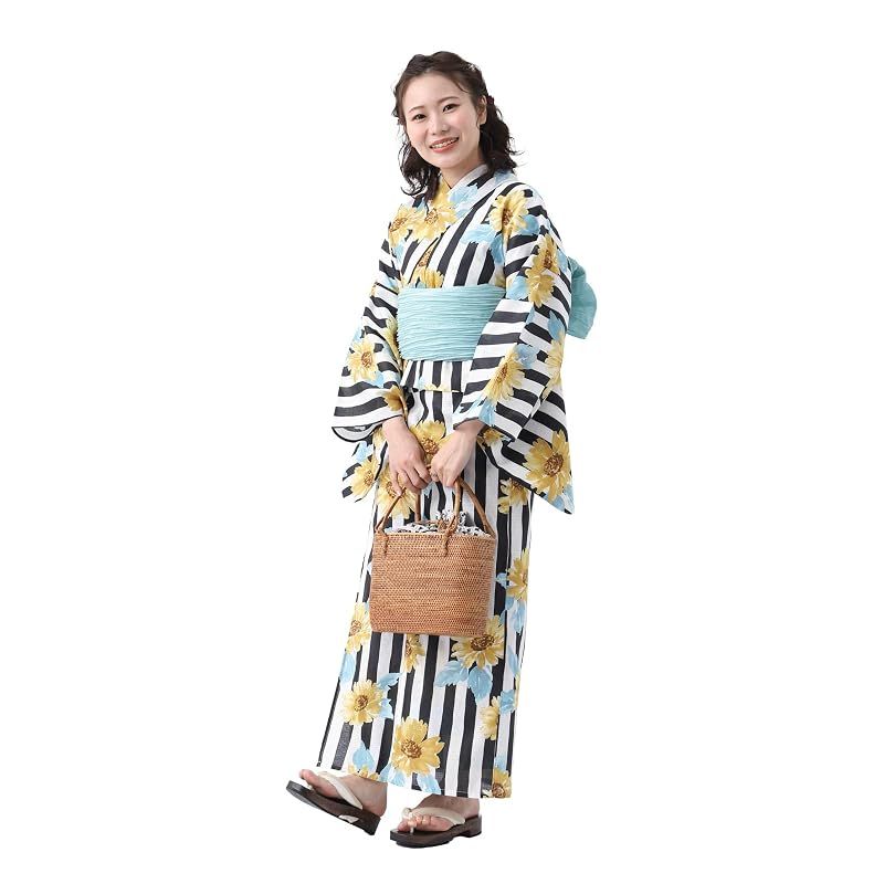 【新品】 [たゆたふ / TAYU-TAFU] セパレート浴衣 帯 2点 セット レディース 簡単 着付け 二部式 浴衣 ゆかた 綿 兵児帯 へこ帯 かわいい おしゃれ 夏用着物 Lサイズ A 縦縞ひまわり