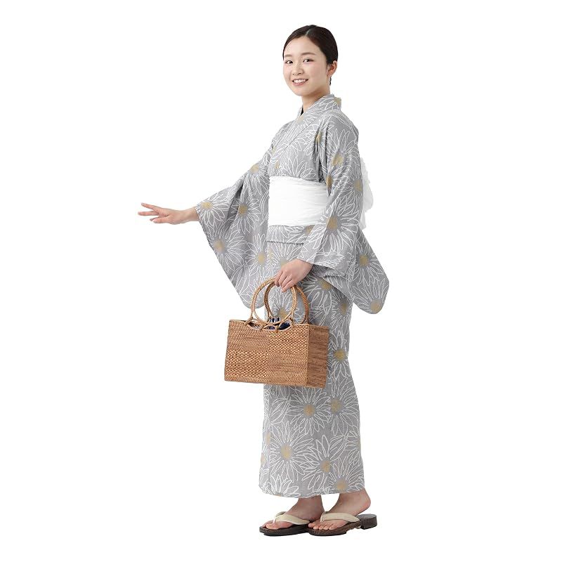 【新品】 [たゆたふ / TAYU-TAFU] セパレート浴衣 帯 2点 セット レディース 簡単 着付け 二部式 浴衣 ゆかた 綿 兵児帯 へこ帯 かわいい おしゃれ 夏用着物 Lサイズ B グレー系ひまわり柄