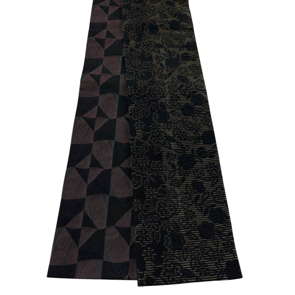 【美品】半幅帯 優品 草花 縞 黒 化繊 【中古】