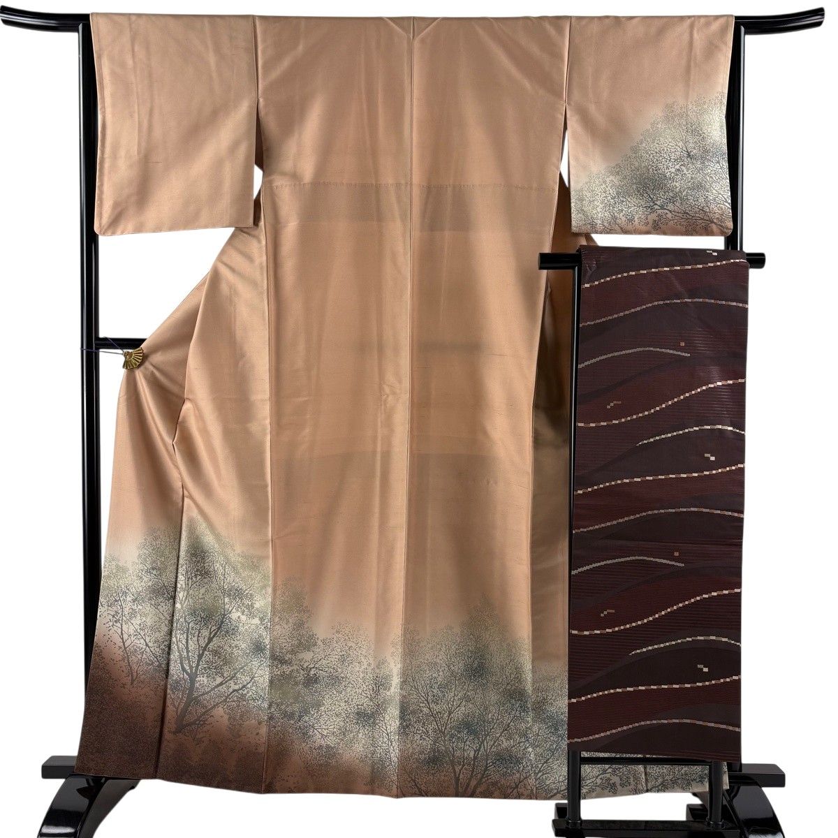 【美品】 付下げ 身丈162cm 裄丈64cm M 袷 名古屋帯セット 鬼紬地 落款 証紙 樹木 染め分け ぼかし 薄茶色 正絹 秀品 【中古】