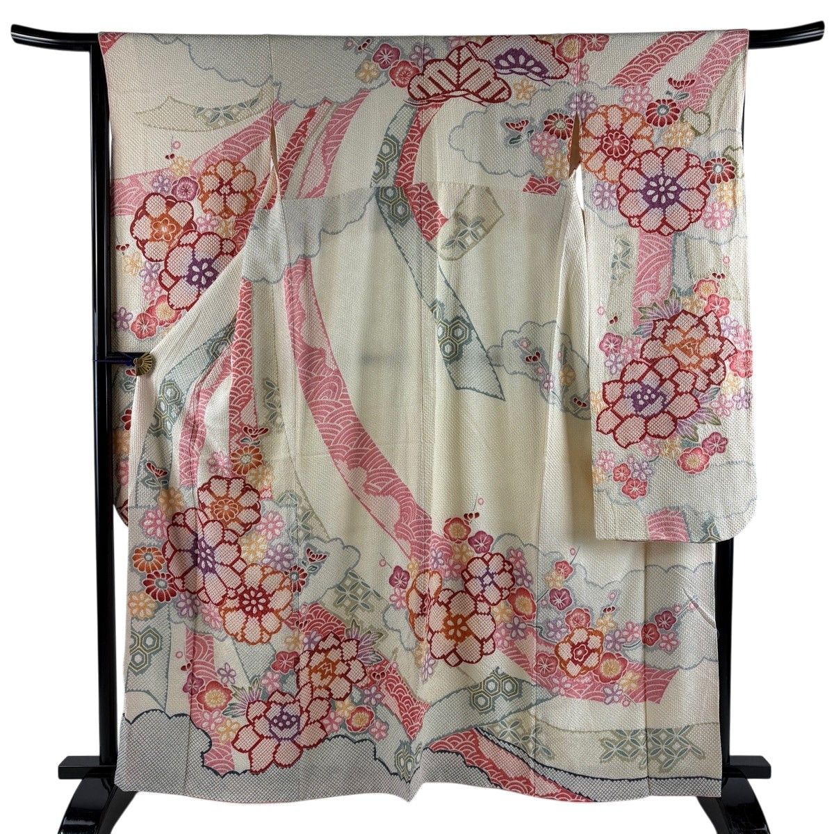 【美品】 振袖 身丈161cm 裄丈65.5cm M 袷 草花 熨斗 クリーム 正絹 名品 【中古】
