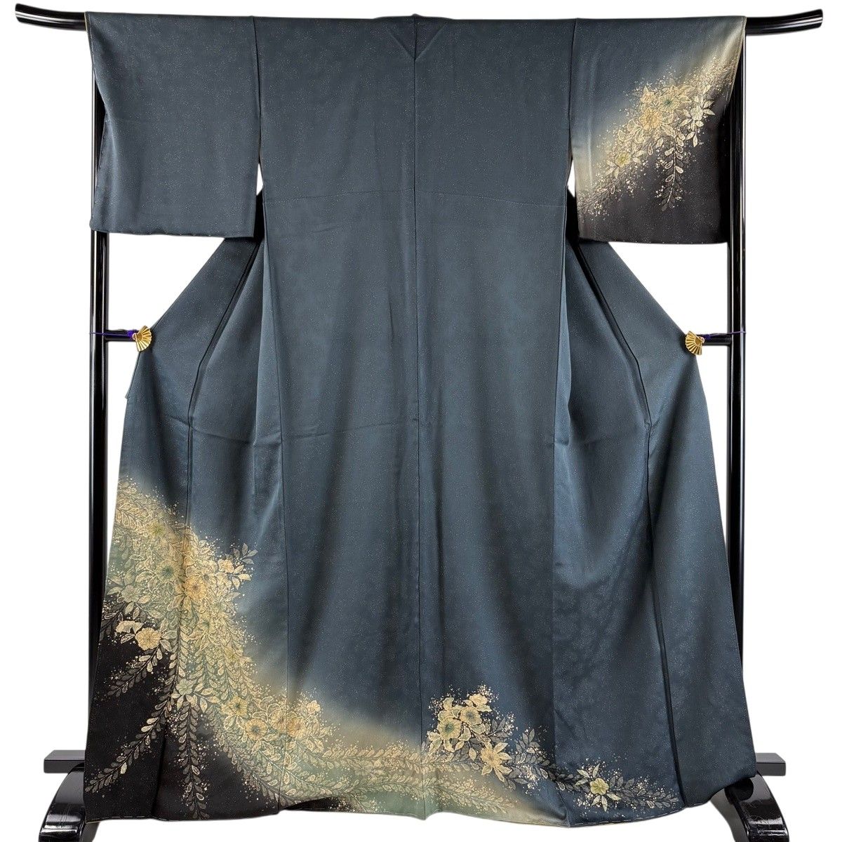 訪問着 身丈167.5cm 裄丈66cm M 袷 辻が花柄 金通し ぼかし 青黒 正絹 名品 【中古】