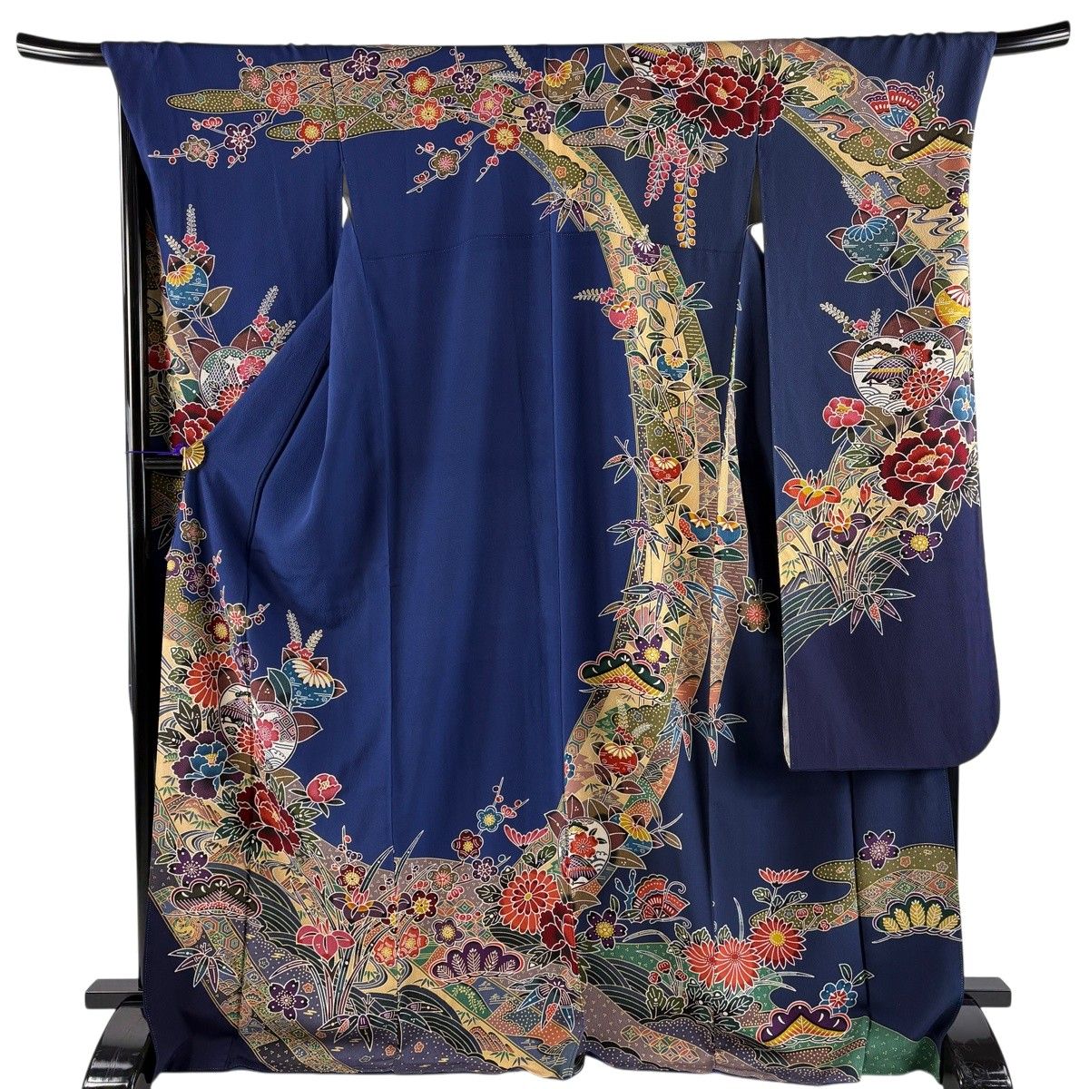 振袖 身丈172cm 裄丈70cm L 袷 橘 松竹梅 染め分け 青 正絹 名品 【中古】