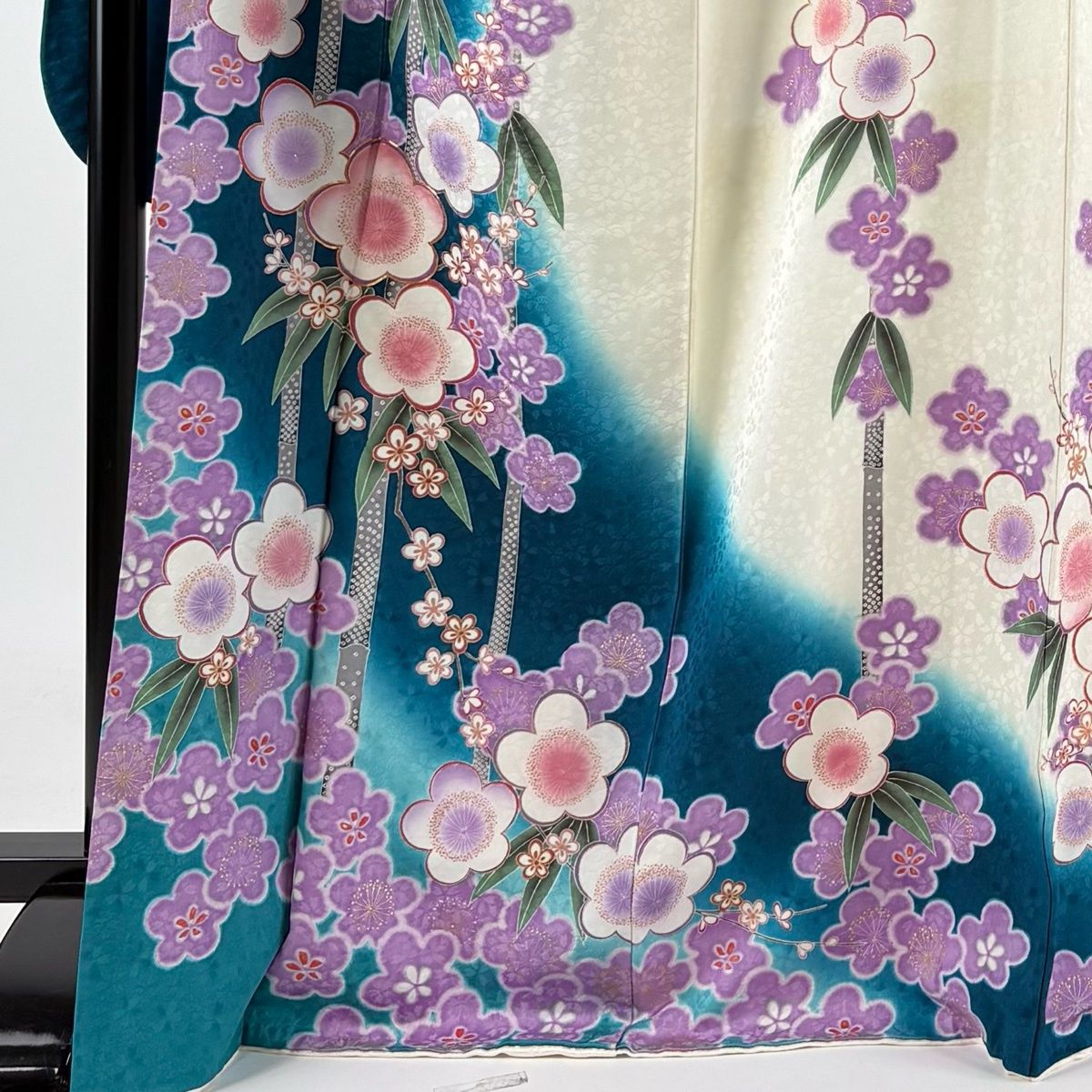 振袖 身丈168.5cm 裄丈69cm L 袷 梅 竹 金糸 金彩 青緑 正絹 名品