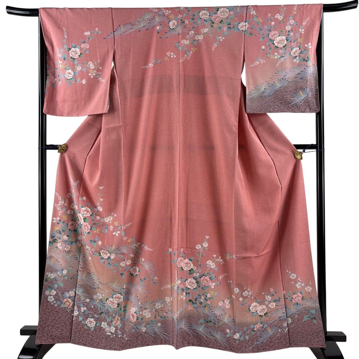 訪問着 身丈163.5cm 裄丈66cm M 袷 草花 松 金彩 ぼかし ピンク 正絹 名品 【中古】