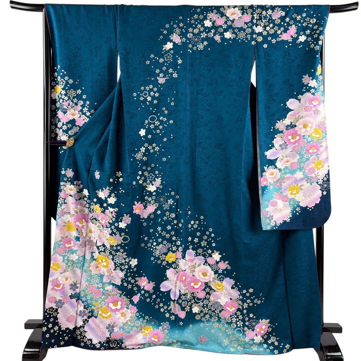 振袖 身丈168cm 裄丈67.5cm L 袷 草花 桜 金銀彩 刺繍 青緑 正絹 名品 【中古】